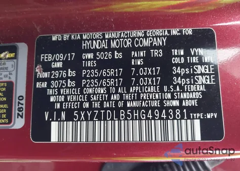 2017 Hyundai Santa Fe Sport 2.4L из США, поврежденный, VIN 5XYZTDLB5HG494381